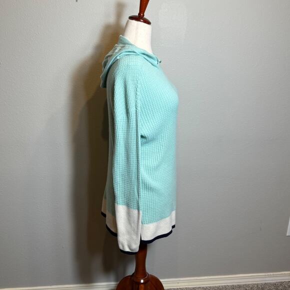 T by Talbots hoodie mint green white navy waffle weave tunic top lambswool Sz L - Picture 3 of 8